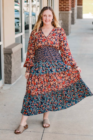 Turning Heads Fall Midi Dress in Navy Mix