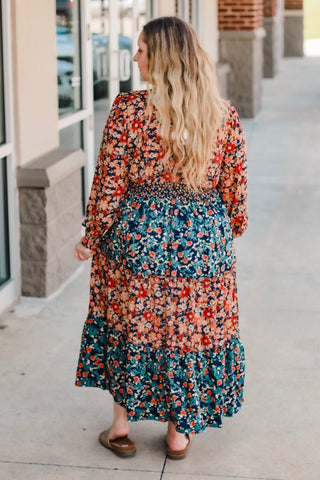 Turning Heads Fall Midi Dress in Navy Mix
