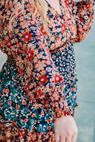Turning Heads Fall Midi Dress in Navy Mix