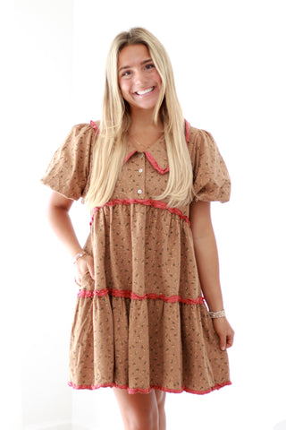 Bonfire Breeze Floral Dress in Mocha Mousse