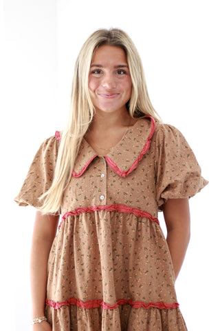 Bonfire Breeze Floral Dress in Mocha Mousse