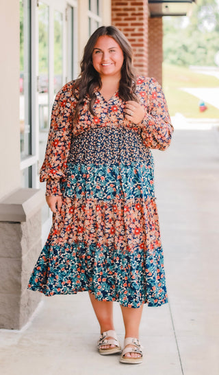Turning Heads Fall Midi Dress in Navy Mix