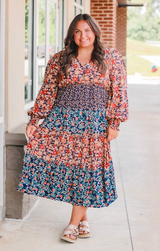 Turning Heads Fall Midi Dress in Navy Mix