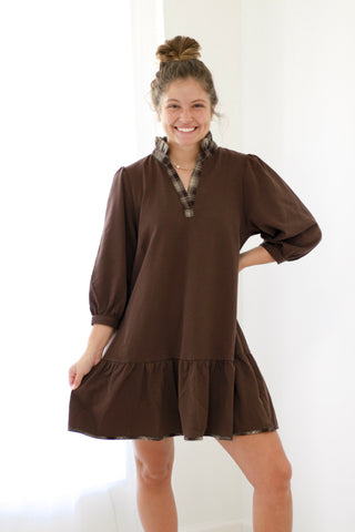 Chocolate Delight Plaid Trim Dress