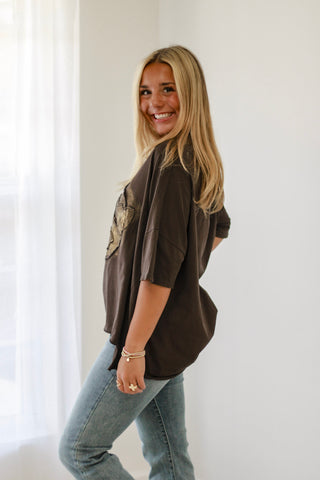 Peace Out Rock Star Top in Chocolate Brown