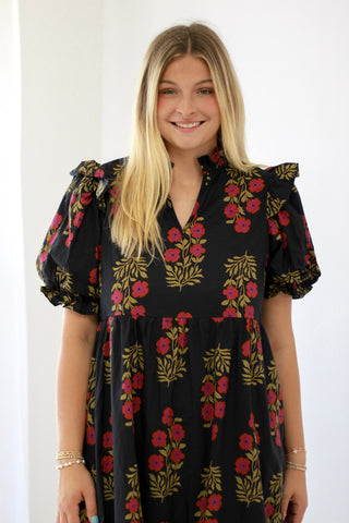 Just Say When Floral Midi Dress in Black