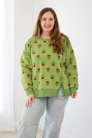 Let Love Grow Floral Pullover in Apple Green
