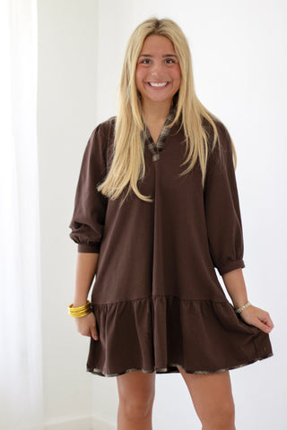 Chocolate Delight Plaid Trim Dress