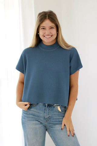 Come Sail Away Short Sleeve Sweater in Dusty Blue