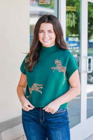 Make a Statement Cheetah Print Sweater in Hunter Green