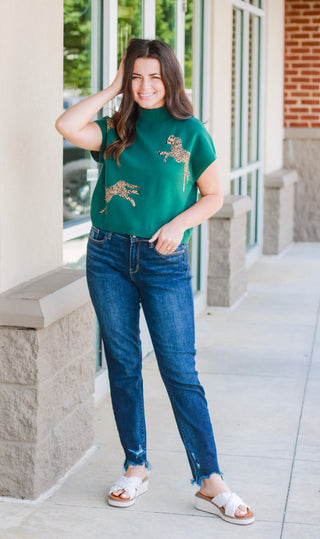 Make a Statement Cheetah Print Sweater in Hunter Green