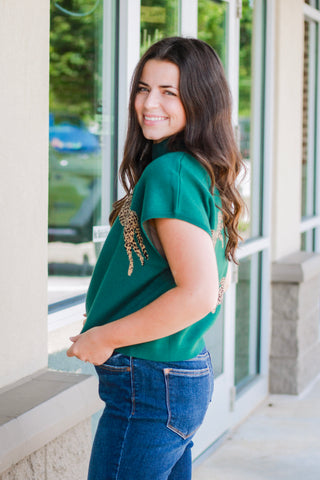 Make a Statement Cheetah Print Sweater in Hunter Green