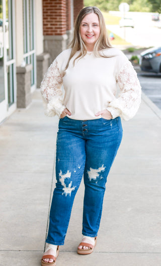 Miss Perfect Cream Floral Mesh Sleeve Top