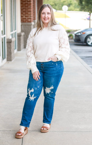 Miss Perfect Cream Floral Mesh Sleeve Top