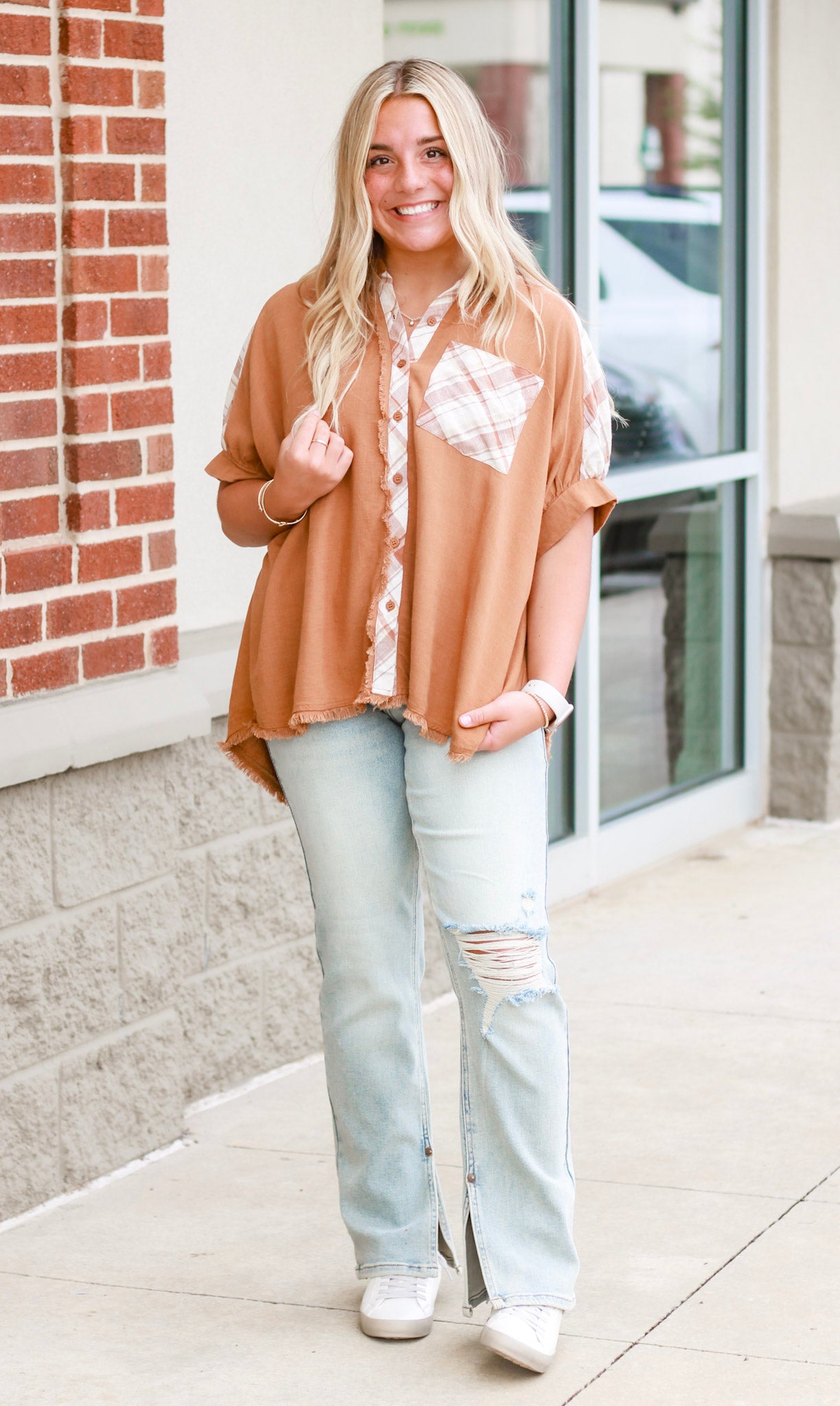 Checked Out Fall Blouse in Camel
