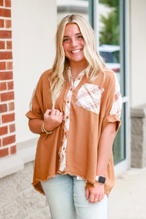 Checked Out Fall Blouse in Camel