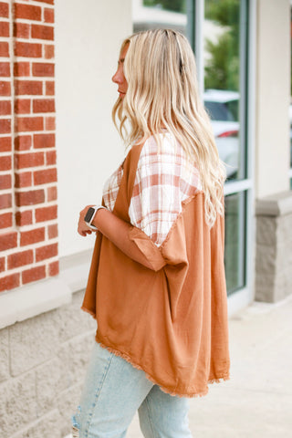 Checked Out Fall Blouse in Camel