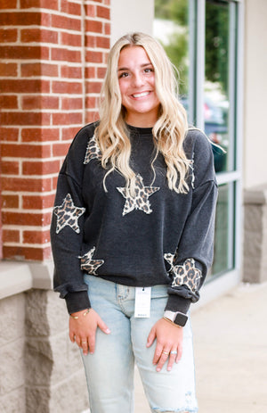 She's a Big Star Black Pullover with Leopard Stars