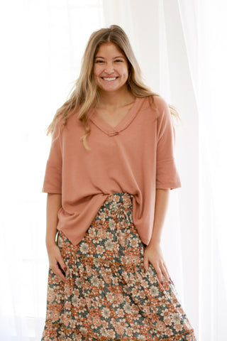On the Go V Neck Top in Sepia