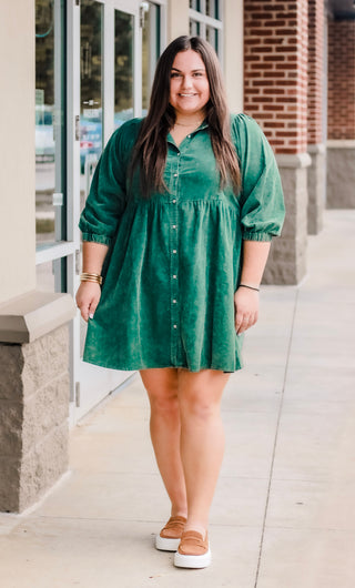 Take a Bow Corduroy Dress in Hunter Green
