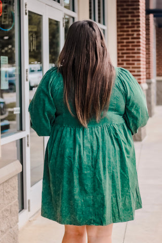 Take a Bow Corduroy Dress in Hunter Green