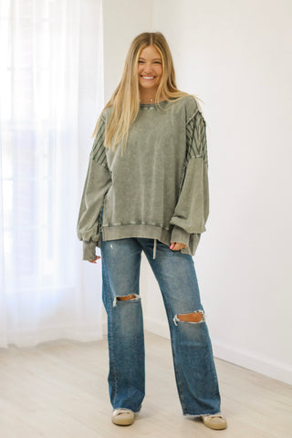 Shout Out to Christmas Stripe Sleeve Top in Moss