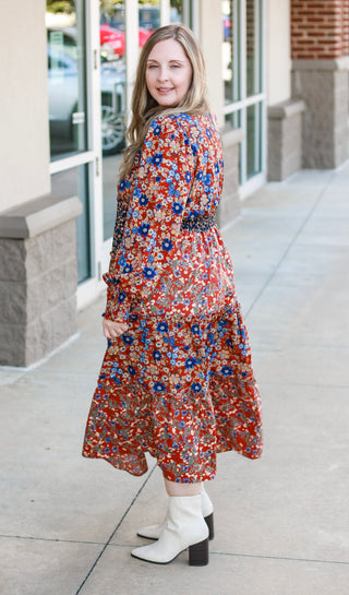 Turning Heads Fall Midi Dress in Brick Mix