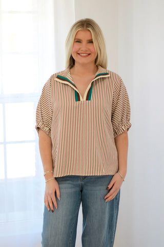 In the Know Stripe Blouse in Caramel