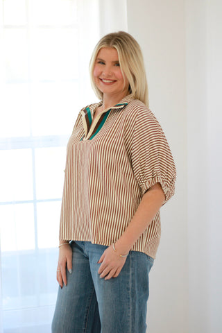 In the Know Stripe Blouse in Caramel