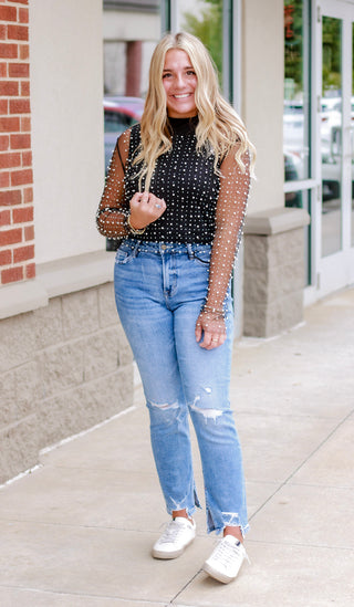 Stand Out Mesh Pearl Beaded Top