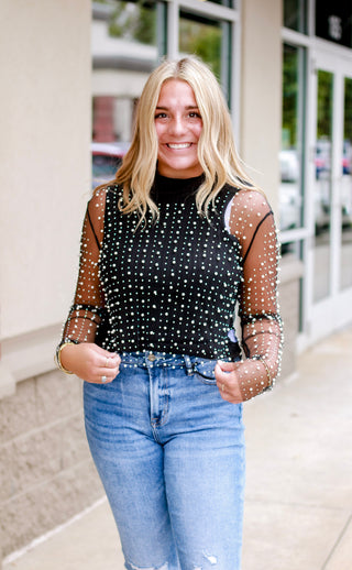 Stand Out Mesh Pearl Beaded Top
