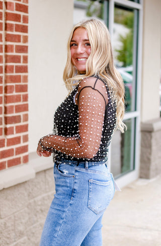 Stand Out Mesh Pearl Beaded Top