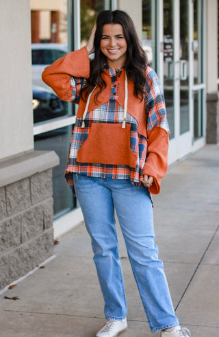 Around the Bonfire Plaid Hoodie in Burnt Orange