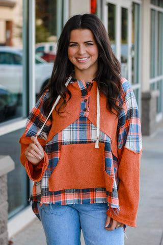 Around the Bonfire Plaid Hoodie in Burnt Orange