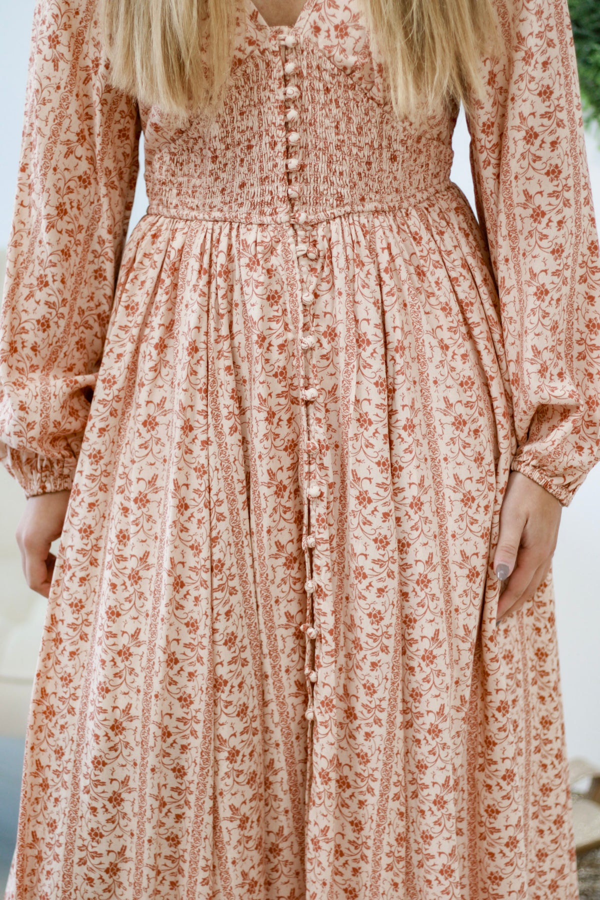 Button Front Smocked Dress - Floral Camo Print