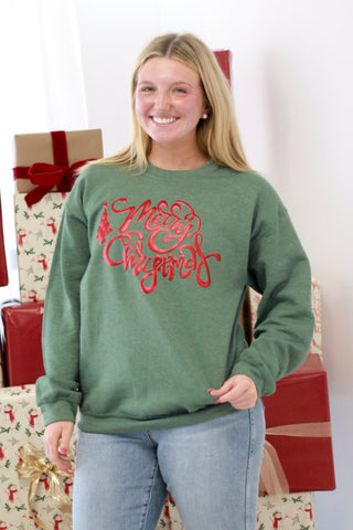 Merry Christmas Puff Print Fleece in Heather Dark Green