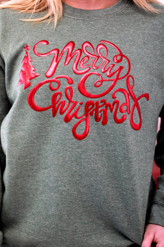 Merry Christmas Puff Print Fleece in Heather Dark Green