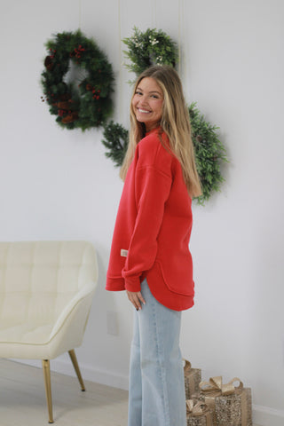 This is the One Comfy Pullover in Christmas Red
