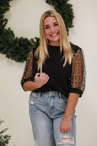 Time for Fun Black Top with Pearl Sleeves