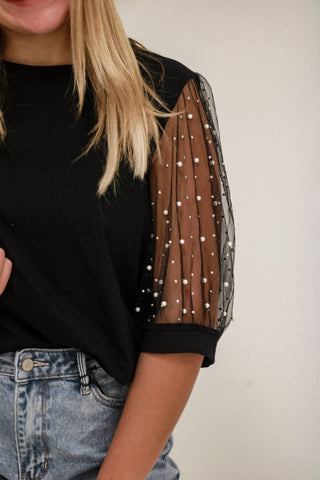 Time for Fun Black Top with Pearl Sleeves