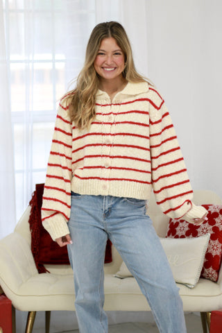 Glistening Snow Striped Button Up Sweater