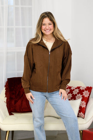 First in Line Scuba Zip up Jacket in Chocolate Brown