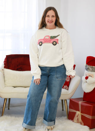 Faux Yarn Christmas Tree Truck Fleece Sweatshirt