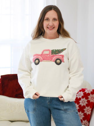 Faux Yarn Christmas Tree Truck Fleece Sweatshirt