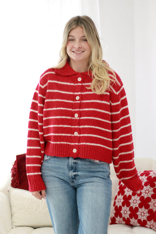 Glistening Snow Striped Button Up Sweater in Red