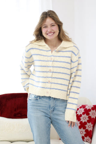 Glistening Snow Striped Button Up Sweater in Ivory/Blue