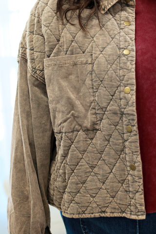 Grabbing a Coffee Mineral Wash Shacket by Oli & Hali in Mocha Olive