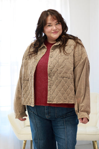 Grabbing a Coffee Mineral Wash Shacket by Oli & Hali in Mocha Olive