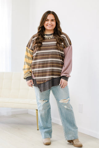 Stripes of Fun Mineral Wash Top in Mocha