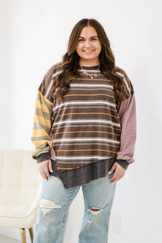 Stripes of Fun Mineral Wash Top in Mocha